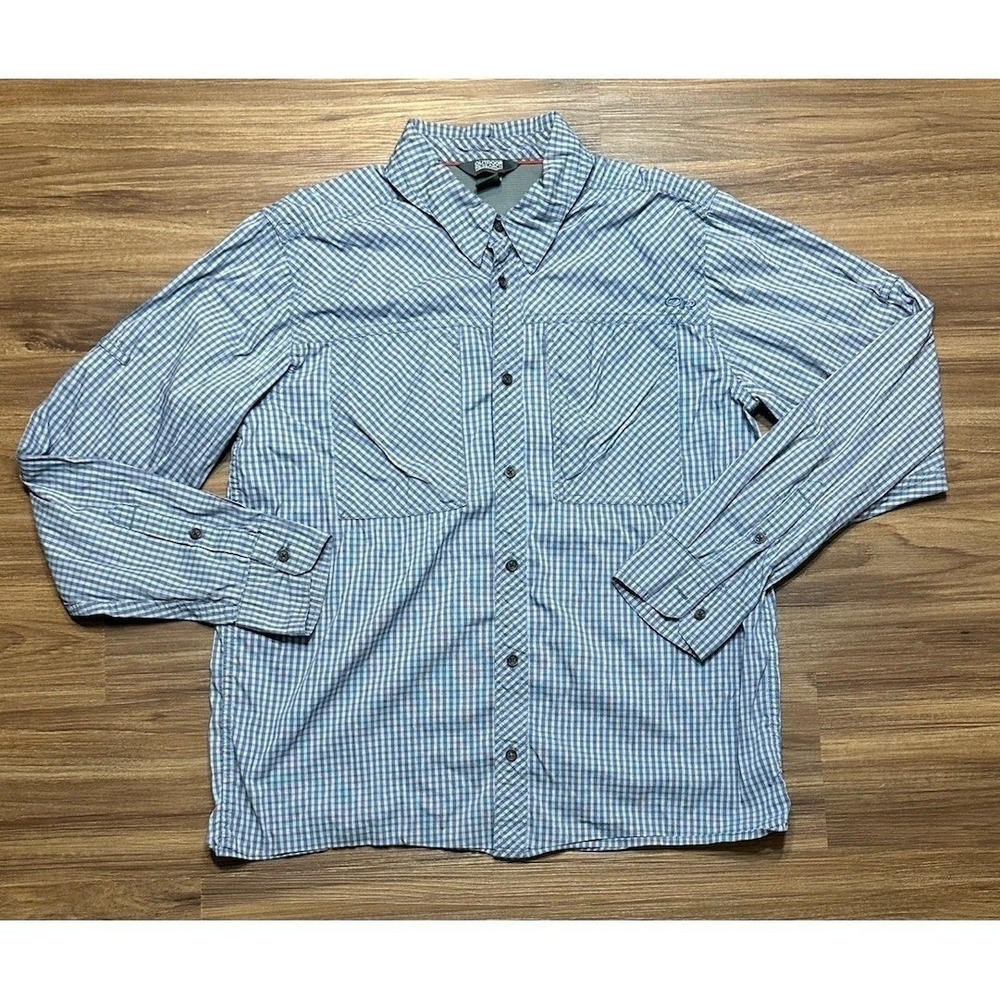 Outdoor Research Grey Blue Plaid Button Up Lightweight Vented Fishing Shirt Sz M